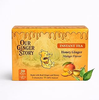 Premium Honey Ginger Instant Tea Crystals, Mango Flavor, 20 Sachets, Real Ginger, Real Honey, Pure Cane Sugar, Caffeine Free, Hot Or Cold Single Serve Drink Mix