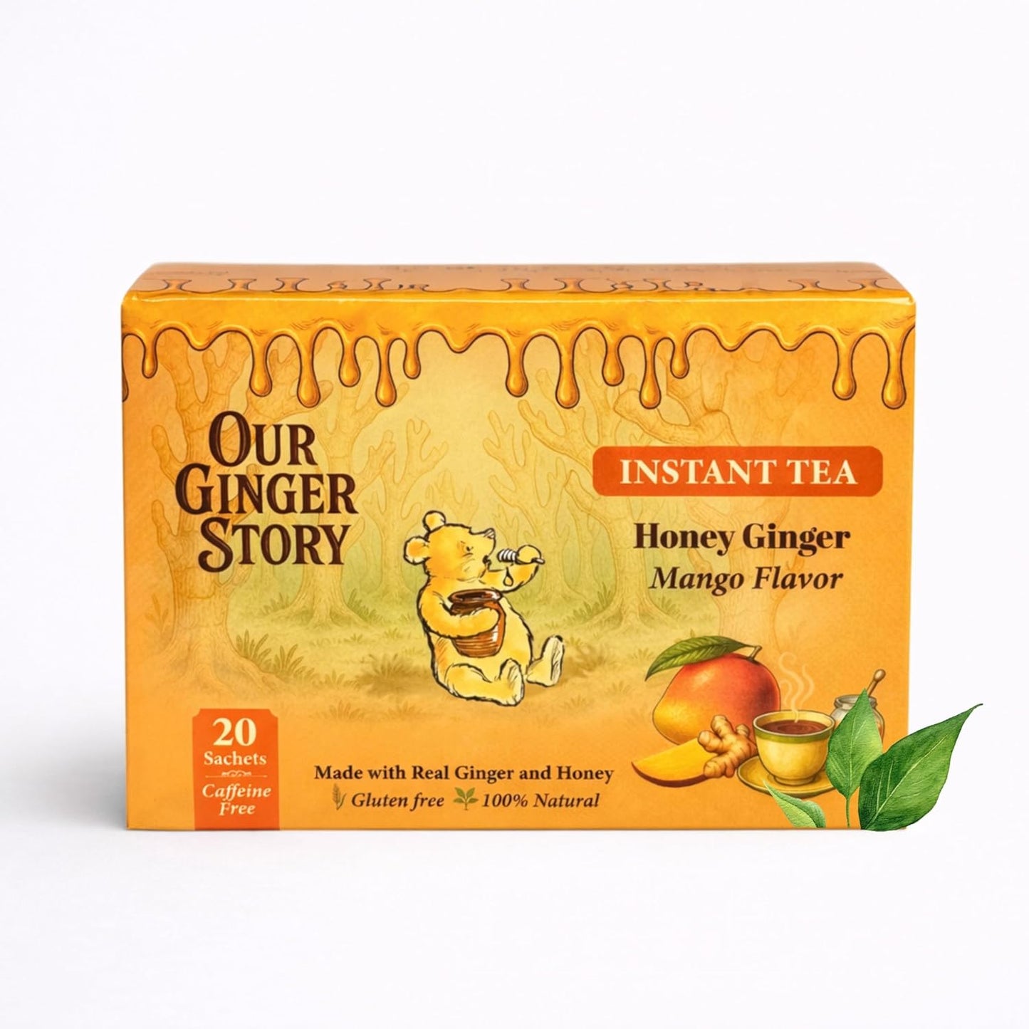 Premium Honey Ginger Instant Tea Crystals, Mango Flavor, 20 Sachets, Real Ginger, Real Honey, Pure Cane Sugar, Caffeine Free, Hot Or Cold Single Serve Drink Mix