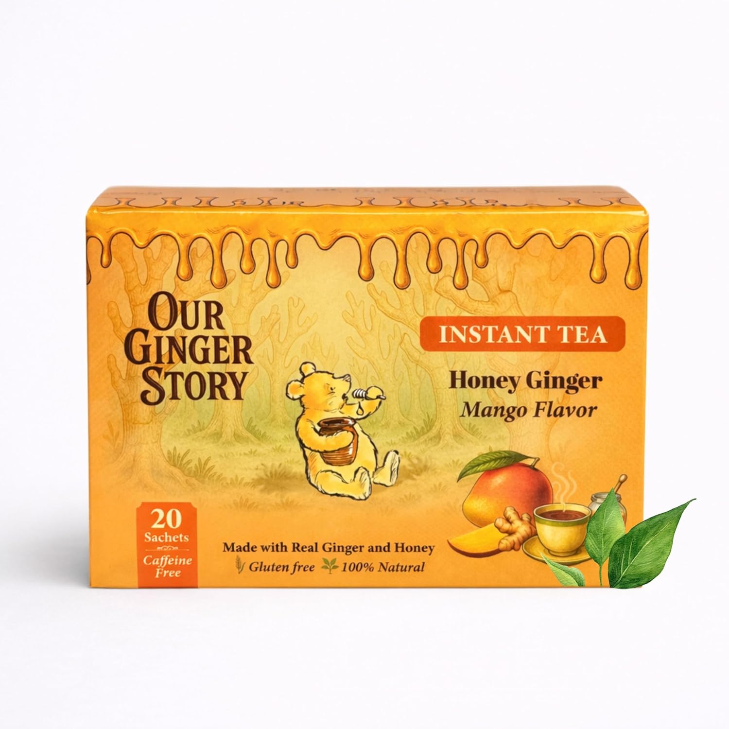Premium Honey Ginger Instant Tea Crystals, Mango Flavor, 20 Sachets, Real Ginger, Real Honey, Pure Cane Sugar, Caffeine Free, Hot Or Cold Single Serve Drink Mix