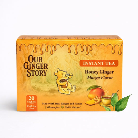 Premium Honey Ginger Instant Tea Crystals, Mango Flavor, 20 Sachets, Real Ginger, Real Honey, Pure Cane Sugar, Caffeine Free, Hot Or Cold Single Serve Drink Mix