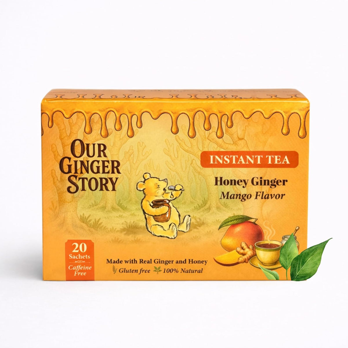 Premium Honey Ginger Instant Tea Crystals, Mango Flavor, 20 Sachets, Real Ginger, Real Honey, Pure Cane Sugar, Caffeine Free