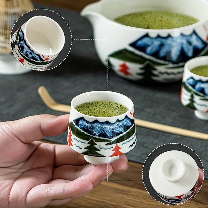Fuji Mountain Matcha Bowl Set – 6-Pcs Hand-Painted Scenic Japanese Tea Ceremony Kit, Matcha Bowl with Spout, 2 Cups, Bamboo Whisk