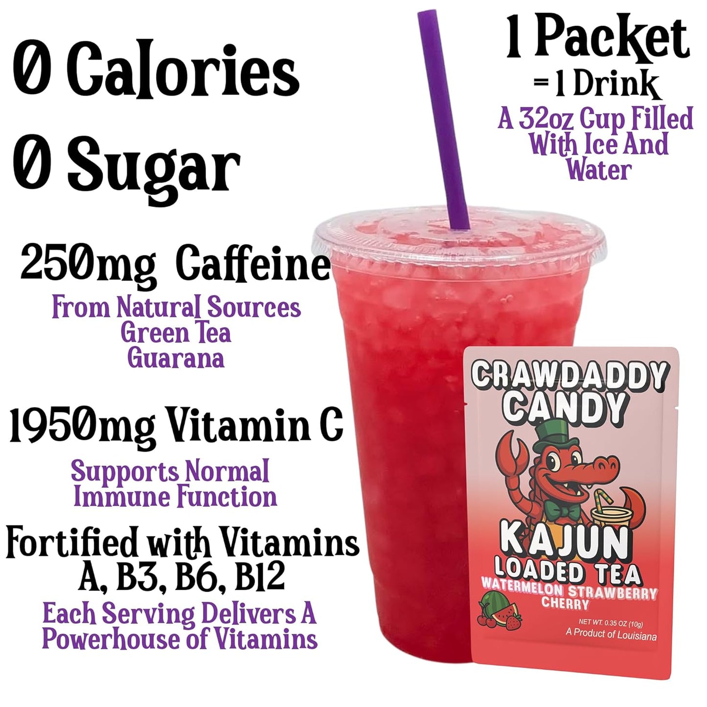 Kajun Loaded Tea – Crawdaddy Candy | Watermelon + Strawberry + Cherry Flavor | Sugar Free Energy Tea Powder | 250mg Green Tea Caffeine | Zero Calories | Keto Friendly