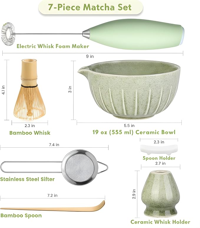 Matcha Whisk Set with Matcha Bowl - Matcha Set Included Electric Frother, Bamboo Whisk, Matcha Spoon, Bamboo Holder, Sifter, Spoon Stand (Mottled Green)