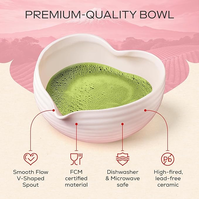 Rehny’s Matcha Whisk Set, Complete Matcha Set w/Heart-Shaped Bowl, Bamboo Whisk, Holder, Stainless Steel Sifter, Bamboo Scoop