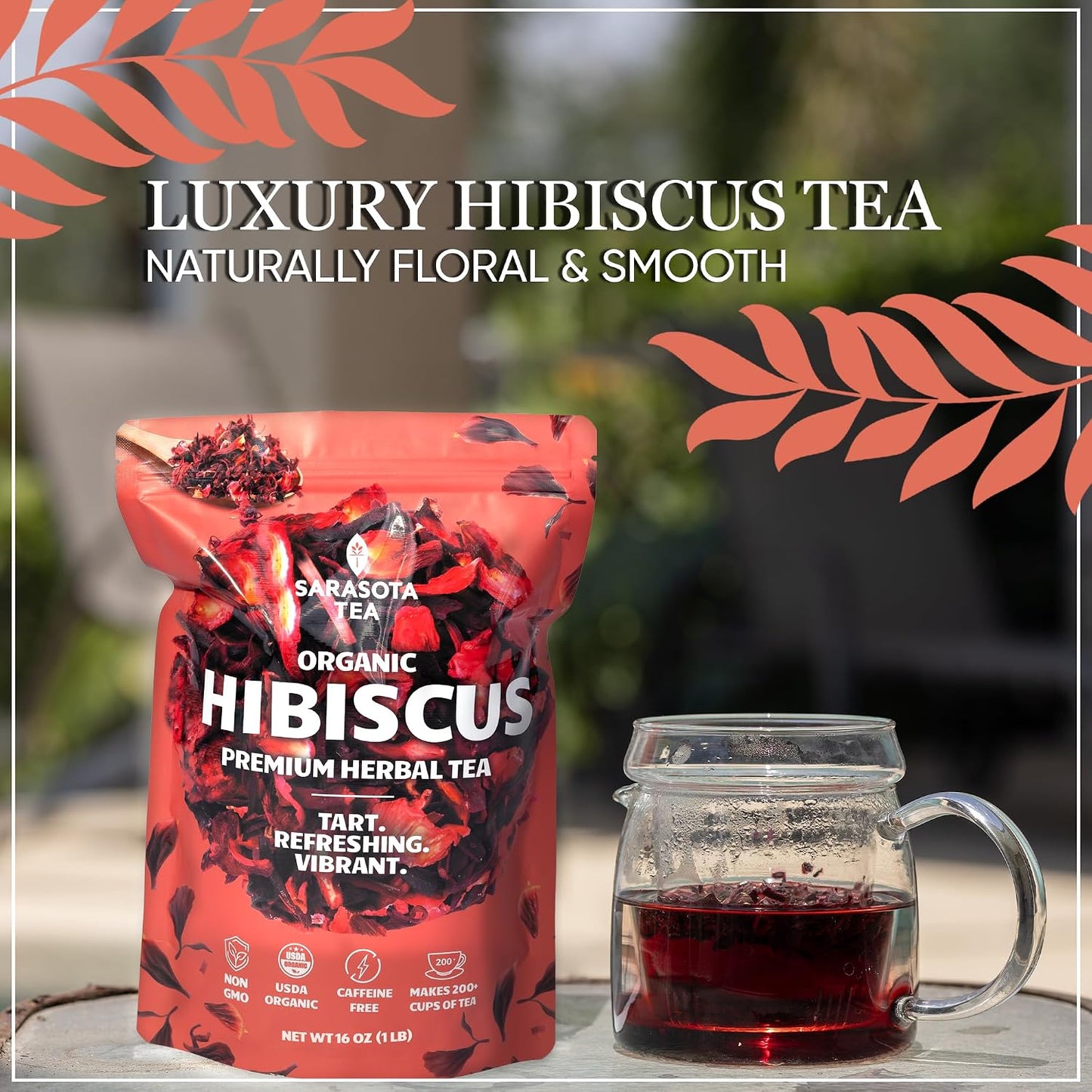 Organic Hibiscus Tea 1 lb (16 Oz) – USDA Certified Organic Hibiscus Flowers, Cut &amp; Sifted – Caffeine Free Loose Leaf Herbal Tea for Hot or Iced Tea – Non-GMO Bulk Resealable Bag