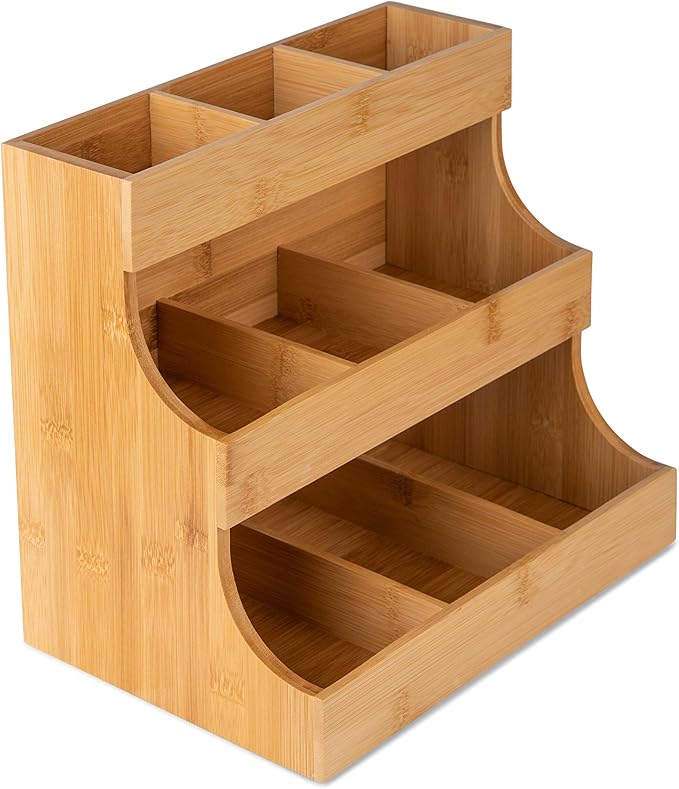 Theodore Vertical Bamboo Tea Organizer – Holds 180 Tea Bags – Compact Wooden Tea Storage Box for Home, Kitchen, Office – Fits Sugar Packets