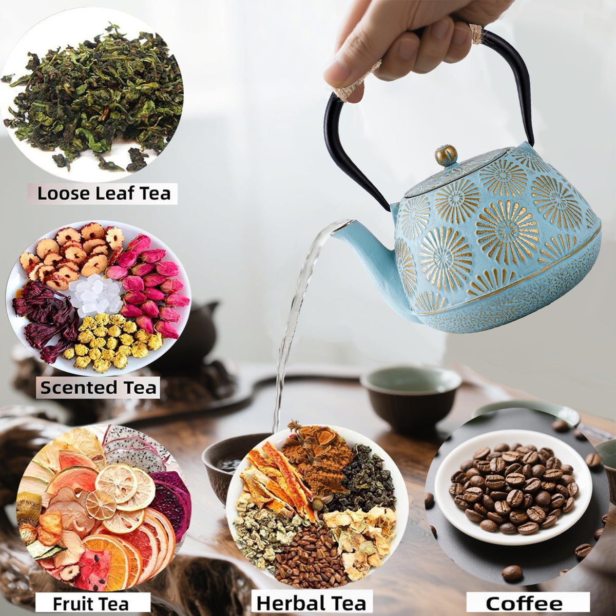 TiwisiTe Cast Iron Teapot 40oz with Infuser (Blue)
