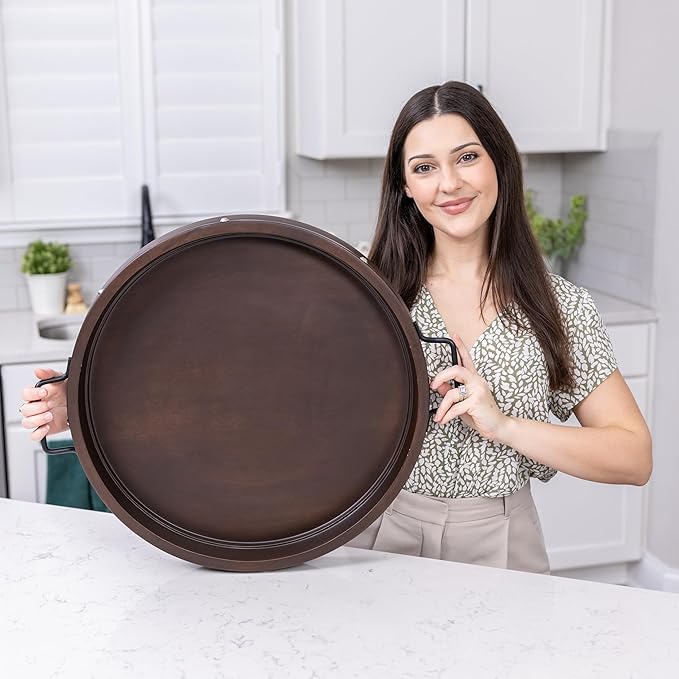 20" Extra Large Round Ottoman Tray, Heavy Duty Mango Wood, for Serving Tea, Breakfast in Bed