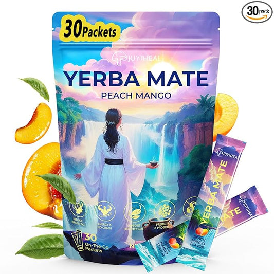 JUYIHEAL 30 Sticks Yerba Mate Powder, Super Yerba Mate Instant Tea Powder Single Serve Sticks with Lions'mane, L-Theanine, Prebiotics, Probiotics for Energy, Focus & Gut Health, Sugar-Free, Peach Mango