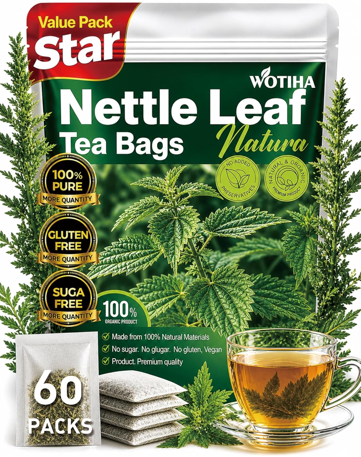 WOTIHA Premium Natural Nettle Leaf Tea Bags, 60 Count – 100% Pure Herbal Tea,Supports Kidney &amp; Joint Health Caffeine-Free, Non-GMO, Additive-Free, Gluten-Free