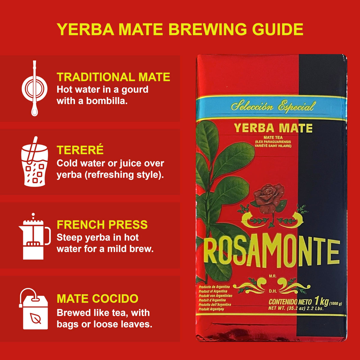 Rosamonte Selección Especial Yerba Mate, Aged Hard Pack, 1kg, Pack of 2