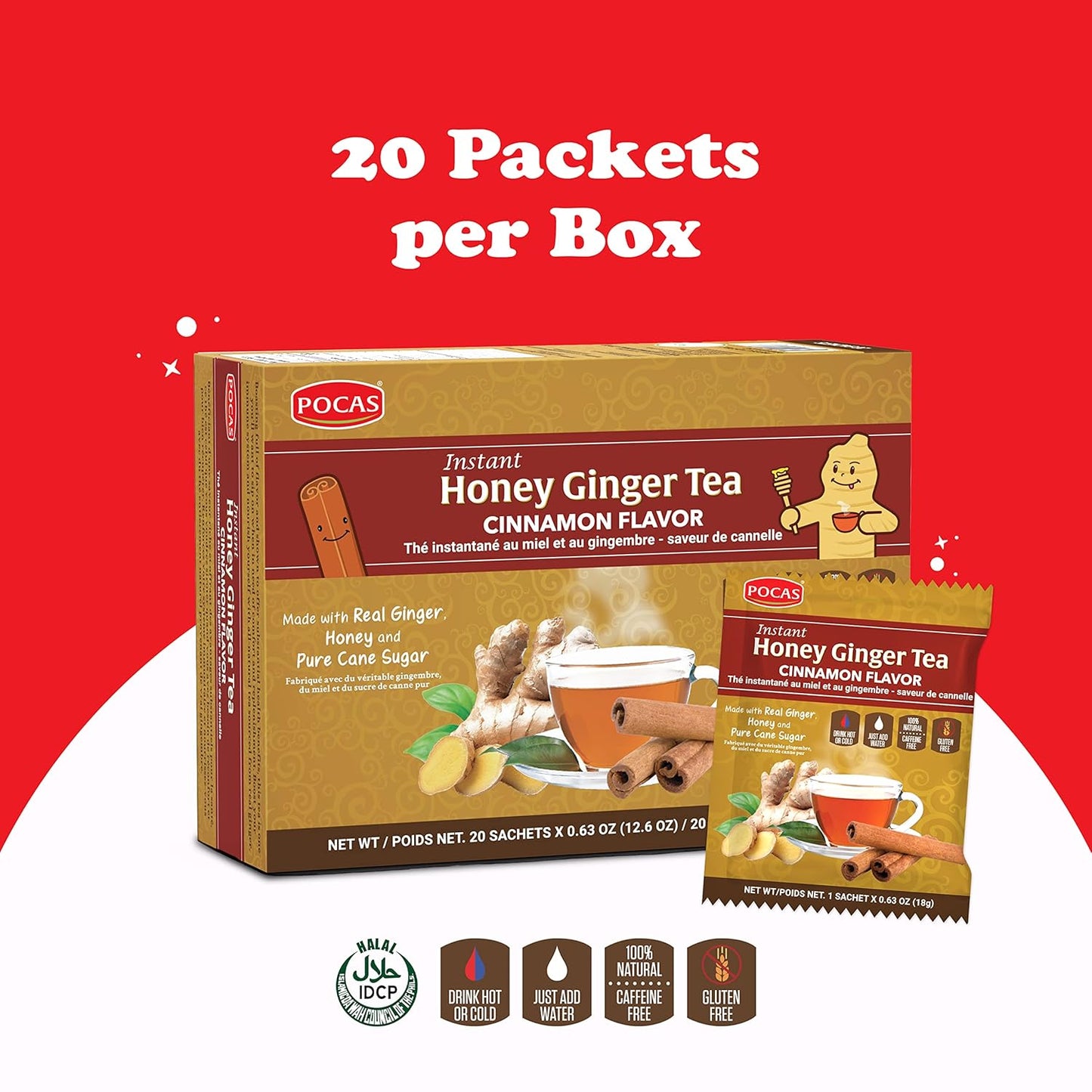 Pocas Tea Powder, Honey Ginger with Cinnamon, 20 Count (Pack of 2)