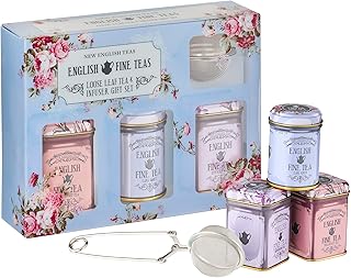 New English Teas Loose Leaf Tea & Infuser Gift Set – 3 Vintage Floral Tins with Breakfast, Earl Grey & Afternoon Blends with Loose Tea Infuser