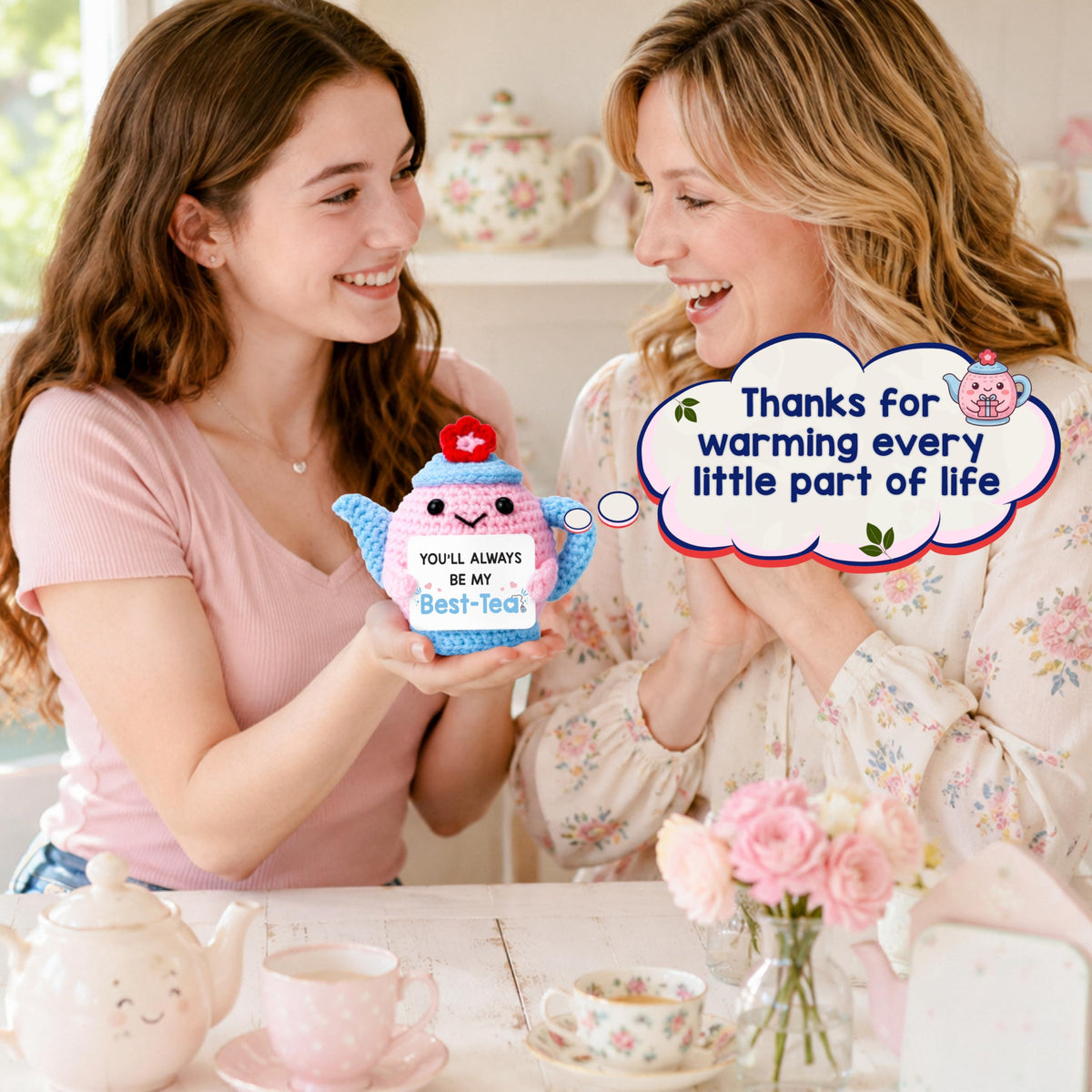 THEGIFTY Best-Tea Friendship Gift for Women Positive Crochet Teapot