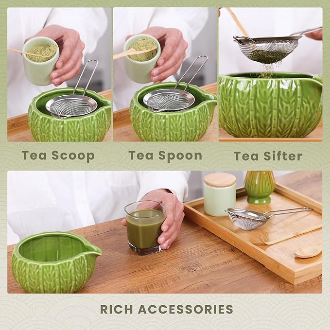 Matcha Whisk Set, Cactus Light Green Ceramic Matcha Set Includes Matcha Bowl, Matcha Whisk (Chasen) and Holder, Sifter, Bamboo Scoop & Spoon