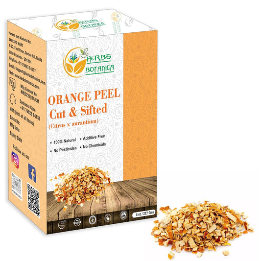 Herbs Botanica Dried Orange Peel Organic Cut &amp; Sifted Naural Orange Zest for Herbal Tea Culinary Delights and Wellness Vegan, Non GMO &amp; Gluten Free 8 oz