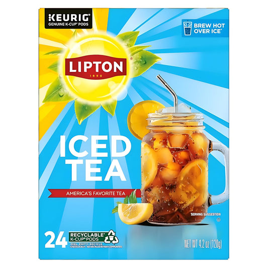 Lipton Unsweetened Black Iced Tea K-Cup Pods, 24 Pack for Keurig | Rainforest Alliance Certified Tea Pods with Smooth Crisp Flavor, Brew Hot over Ice for Refreshing Beverage.