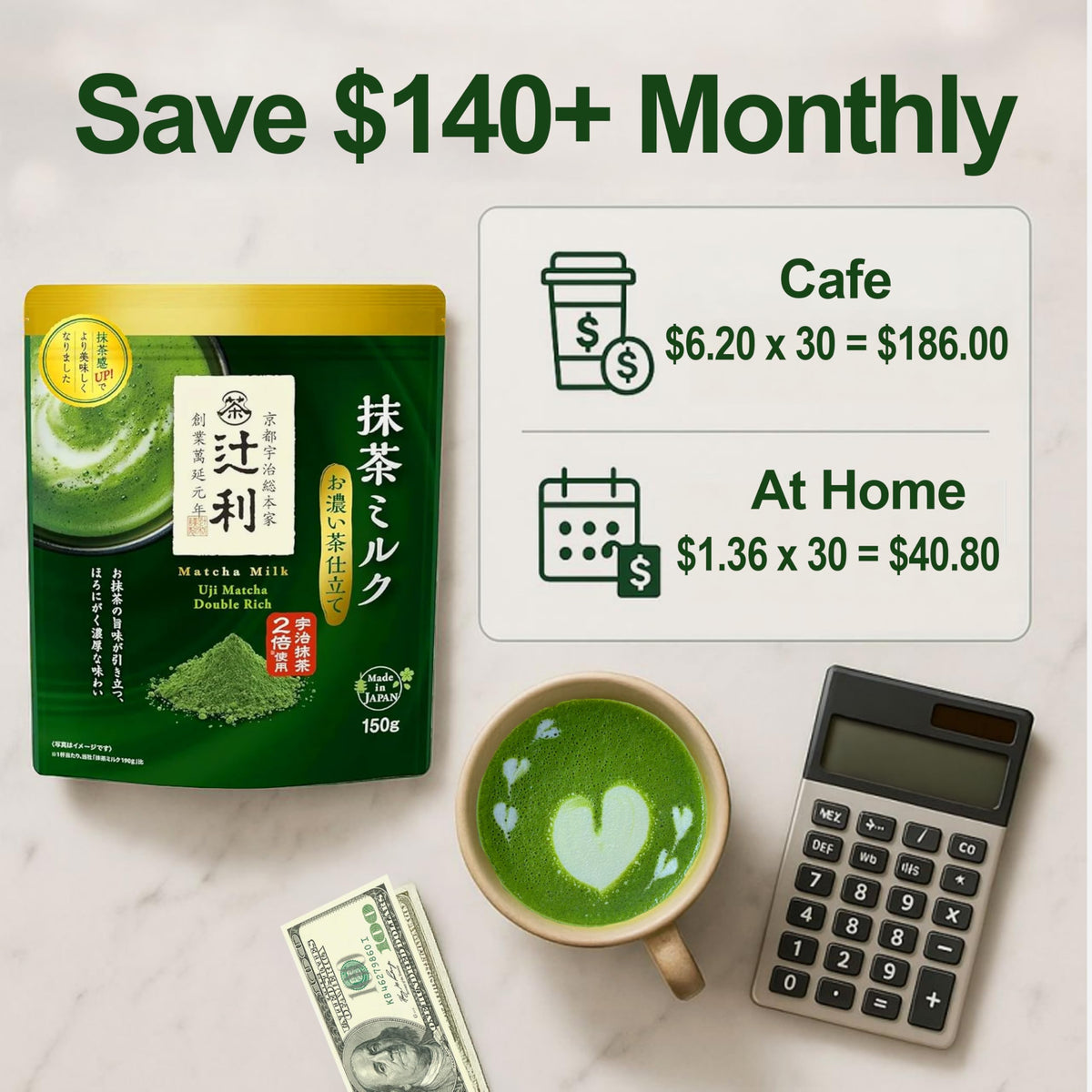 Sakura Box Matcha Milk Uji Double Rich Latte by Tsujiri, 150g Resealable Bag Made in Kyoto Japan