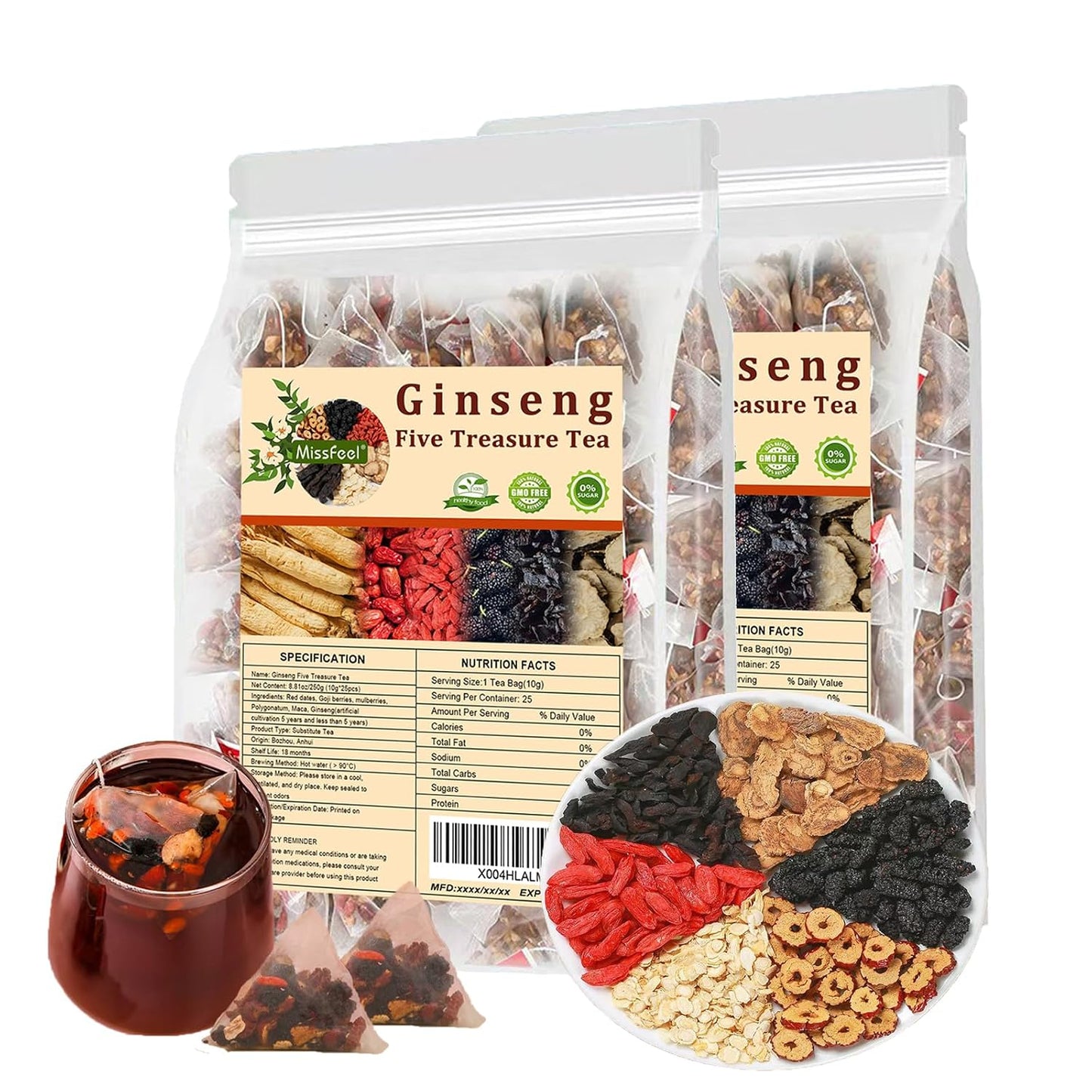 Ginseng Five Treasure Tea, Kidney Tea Formula Ginseng Six Treasure Natural Detox for Men &amp; Women, Organic Chinese Herbal Tea, 6 Precious Ingredients Formula (2 Bags 50 Pcs)