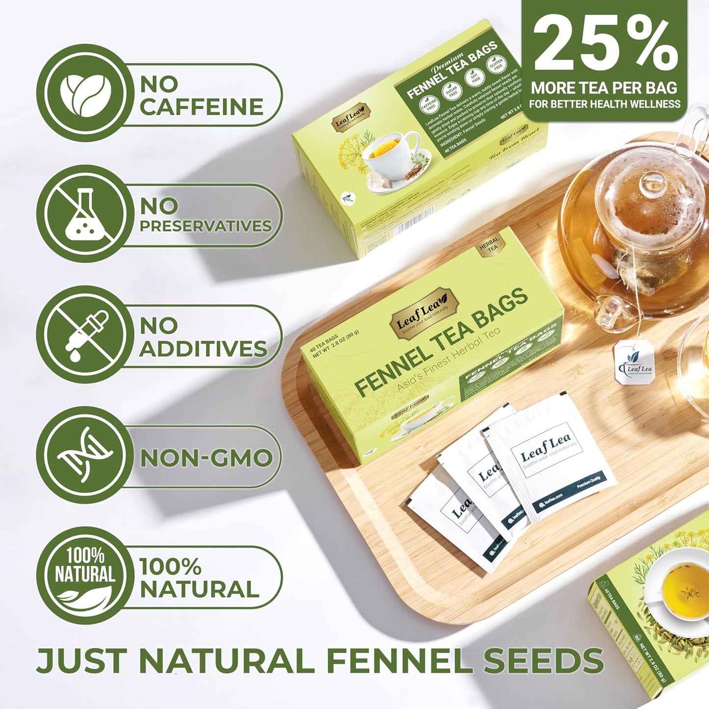 LeafLea Fennel Seed Tea Bags, Pure Herbal Fennel Tea, 80 Count | Naturally Sweet Digestive Herbal Tea, Individually Foil-Wrapped, 80 Bags · 2 Boxes, Caffeine-Free, Sugar-Free