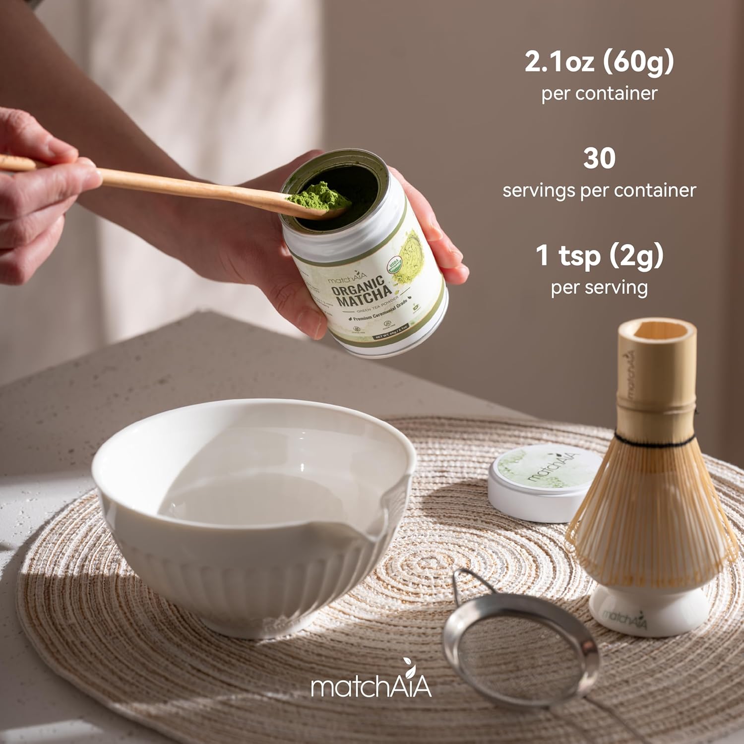 MatchAiA Organic Ceremonial Matcha Green Tea Powder - Premium Ceremonial Grade, First Spring Harvest, USDA Certified, 100% Pure - Sugar Free, Gluten Free (60g / 2.1oz Tin)