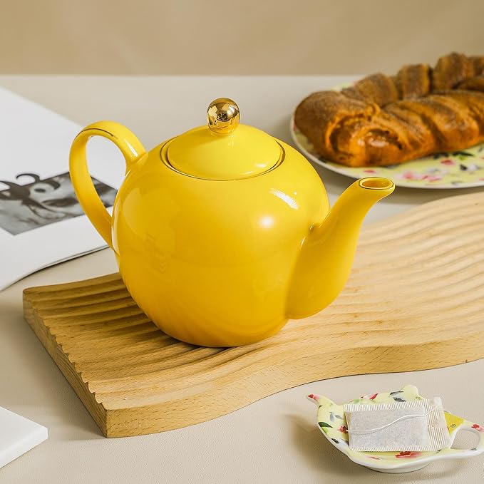 30oz Yellow Porcelain Teapot with a Speckled Glaze, Sunny Ceramic Teapot with Gold Trim for Loose Leaf and Blooming Tea, Tea Party Essential
