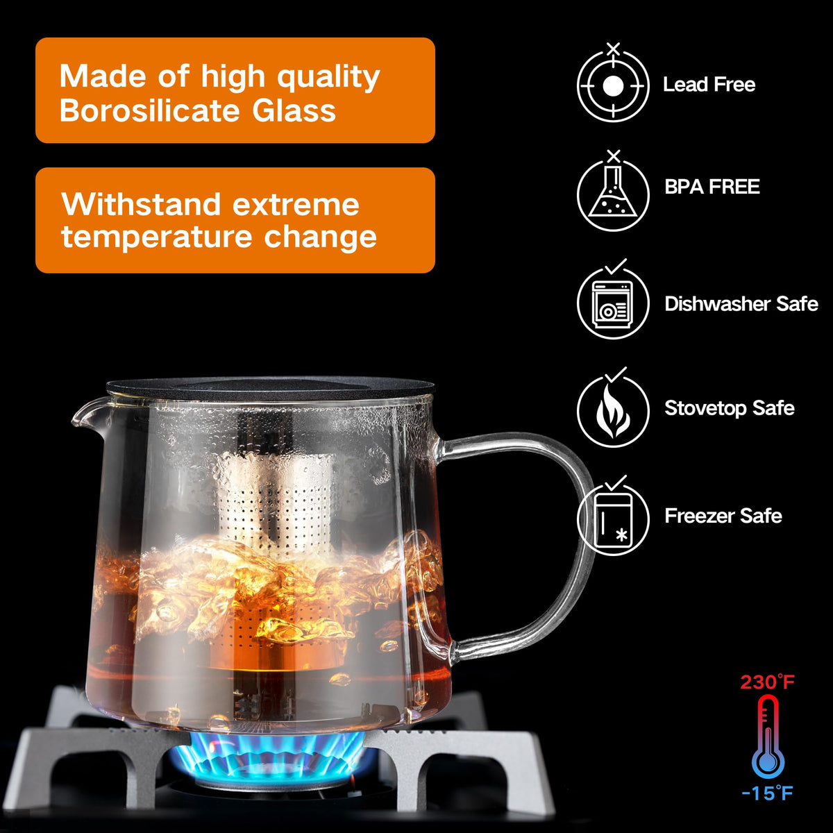 YMMIND Glass Teapot 34oz/1000ml with 4 Pack Tea Cups Gift Set, Removable Stainless Steel Infuser Tea pot, Heatproof