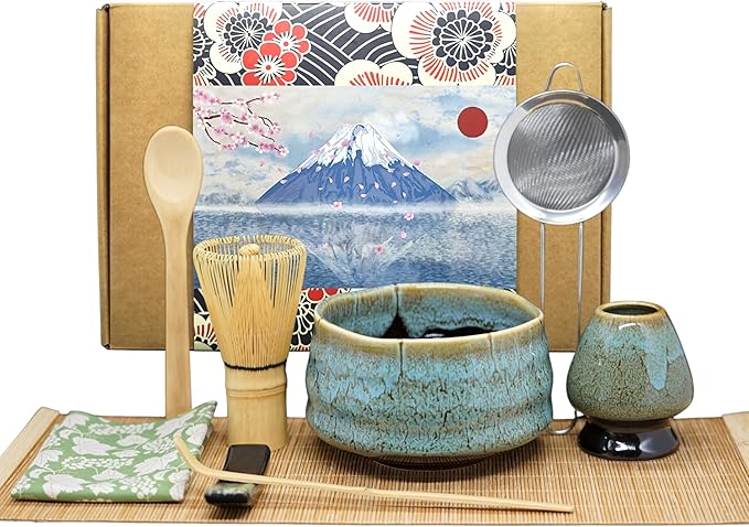 Annie & Mia Design Matcha Whisk Set (9pcs), Japanese Tea Matcha Set includes Ceramic Matcha Bowl, Bamboo Matcha Whisk (Chasen), Ceramic Whisk Holder, Bamboo Matcha Scoop (Chashaku), Blue
