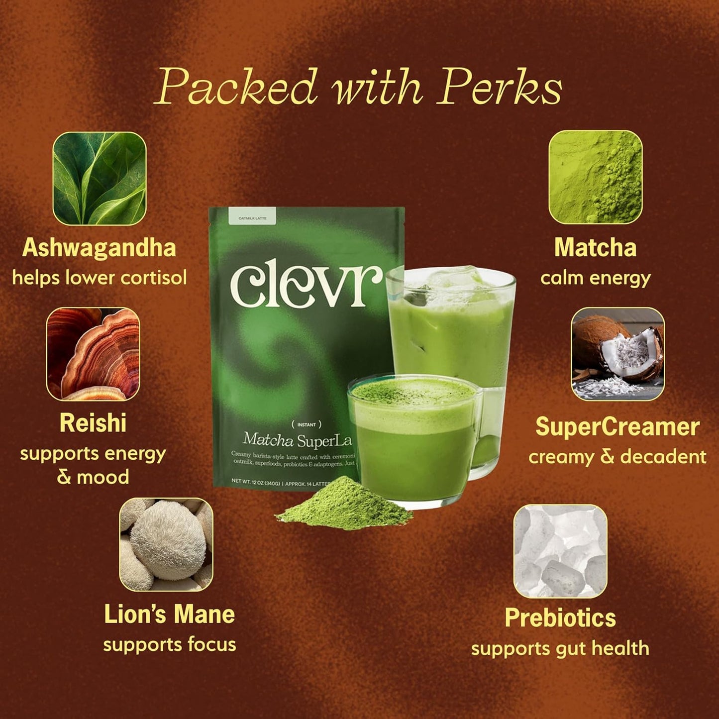 Clevr Matcha SuperLatte, Instant Ceremonial Grade, Superfood Powder Blend with Lions Mane, Reishi Mushroom, Coconut Cream, Ashwagandha, Serve Hot or Iced, (14 Lattes)