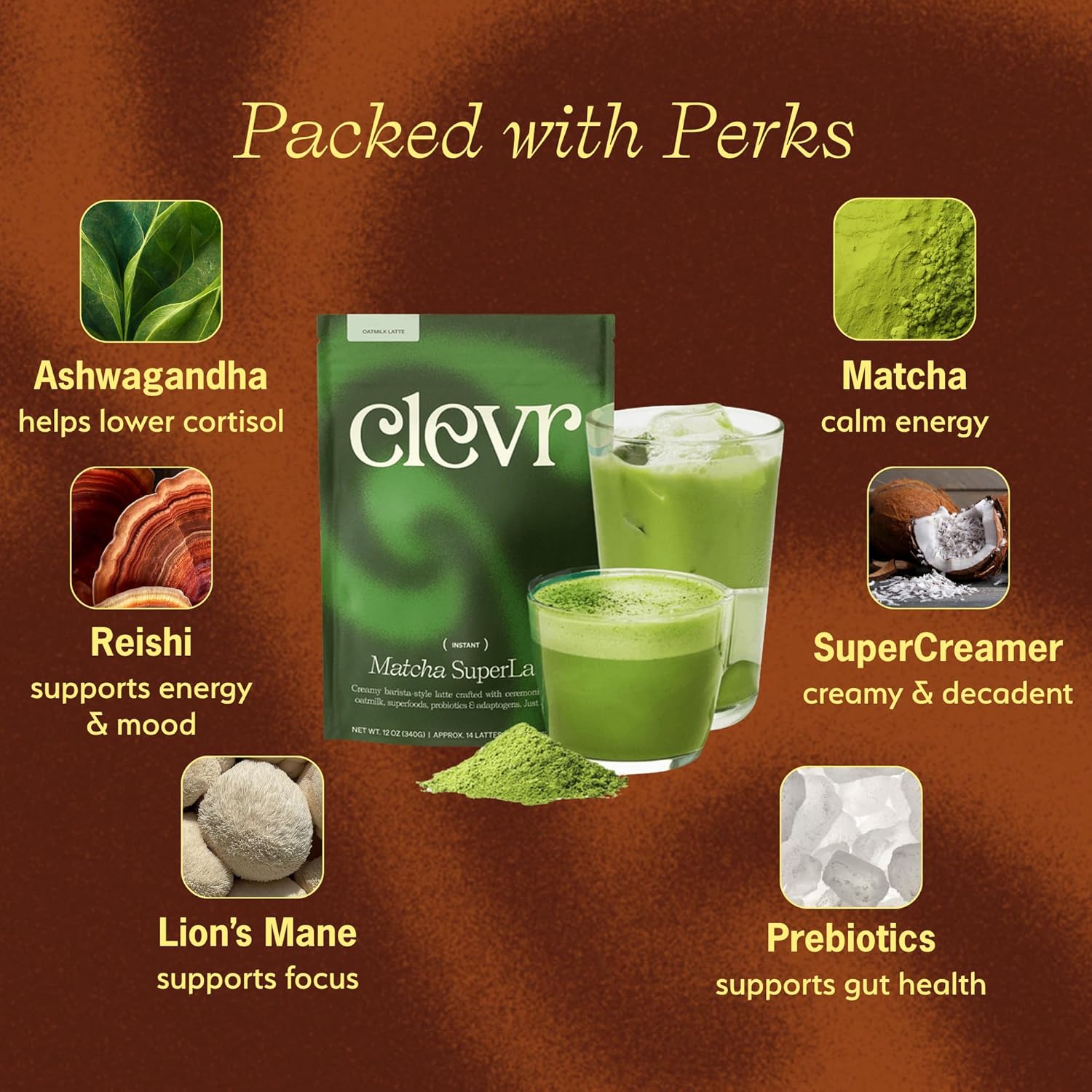 Clevr Matcha SuperLatte, Instant Ceremonial Grade, Superfood Powder Blend with Lions Mane, Reishi Mushroom, Coconut Cream, Ashwagandha, Serve Hot or Iced, (14 Lattes)