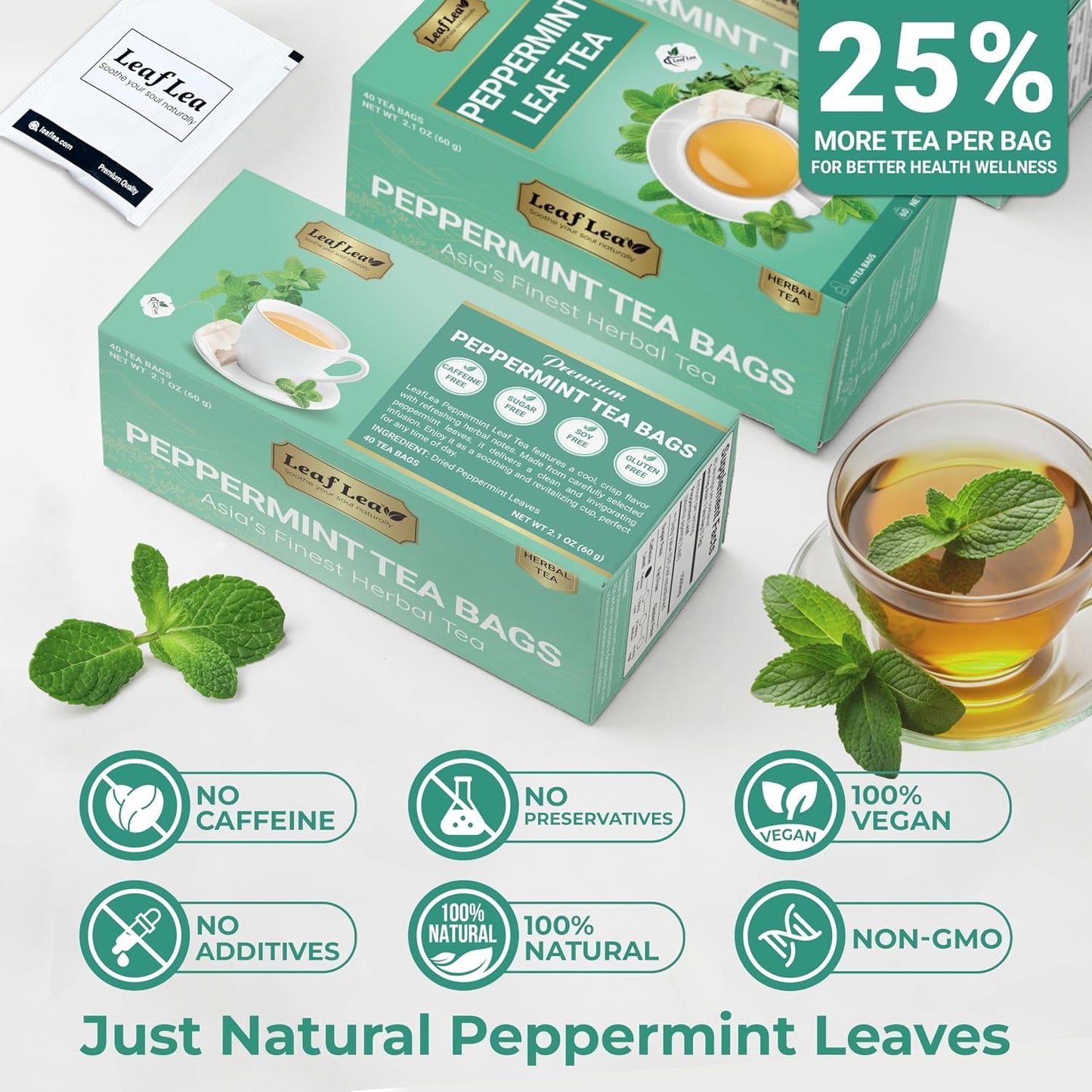 LeafLea Peppermint Tea Bags, Pure Peppermint Leaf Tea, 80 Count, 2-Pack | Real Mint Tea Bags With Smooth, Cooling Flavor, Caffeine-Free, Vegan, Individually Foil-Wrapped, Great To Share