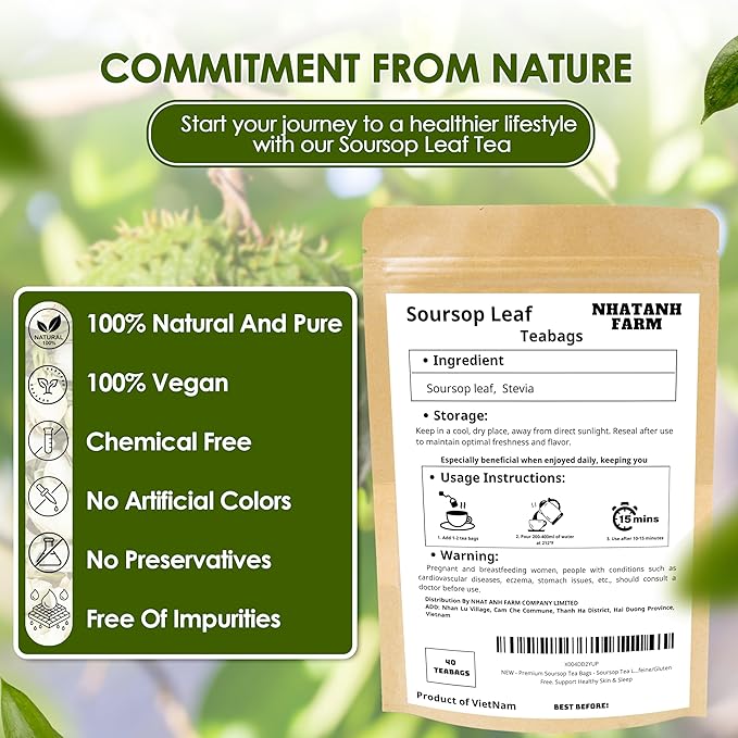 Nhat ANH Farm - Premium Soursop Leaves Tea Bags - Dried Soursop Graviola Leaves 40 Teabags, 2.5g/bag - Sugar/Caffeine/Gluten Free