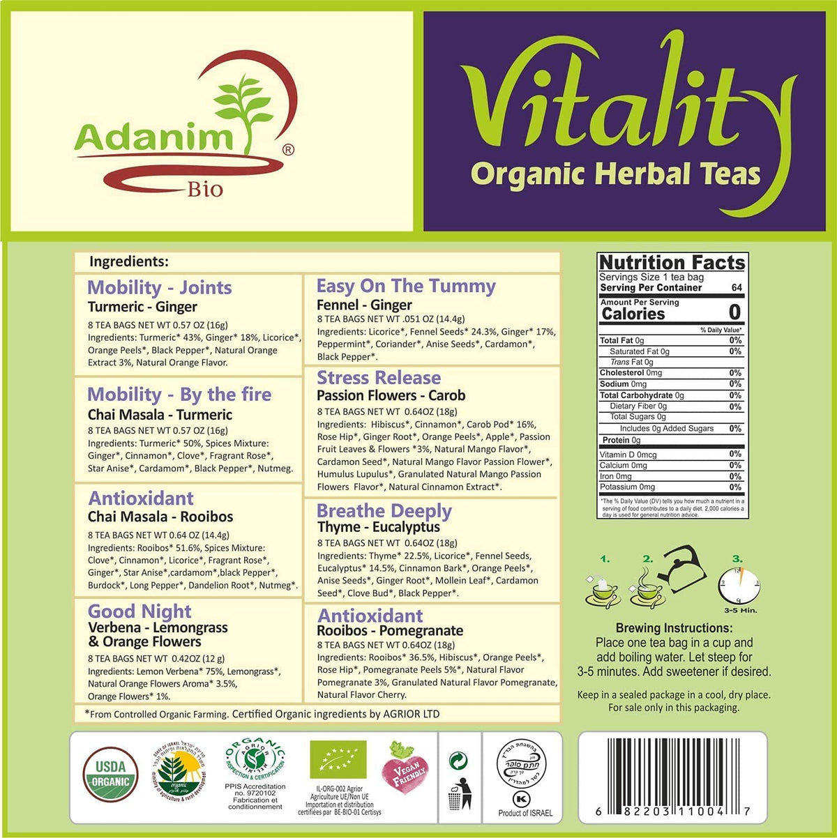 Adanim Bio Vitality Organic Herbal Tea Sampler Gift Box Caffeine Free 8 Unique Flavors for Tea Lovers 64 Individually Wrapped