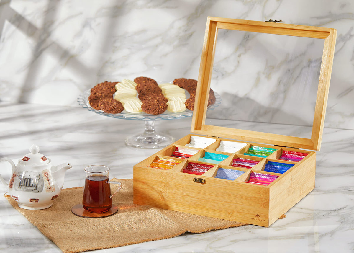 RoyalHouse Natural Bamboo Tea Storage Organizer, Clear Acrylic Top, 12 Compartments