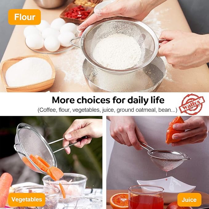 Walfos 6.95 Inch Fine Mesh Strainers, Premium Stainless Steel Colanders and Sifters, with Reinforced Frame and Sturdy Handle, Perfect for Sift