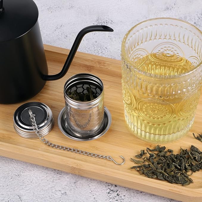 2 Pack Tea Strainers Infuser for Loose Tea 304 Stainless Steel Mesh Loose Leaf Steeper Diffuser with Chain Hook and Threaded Lid for Black Tea