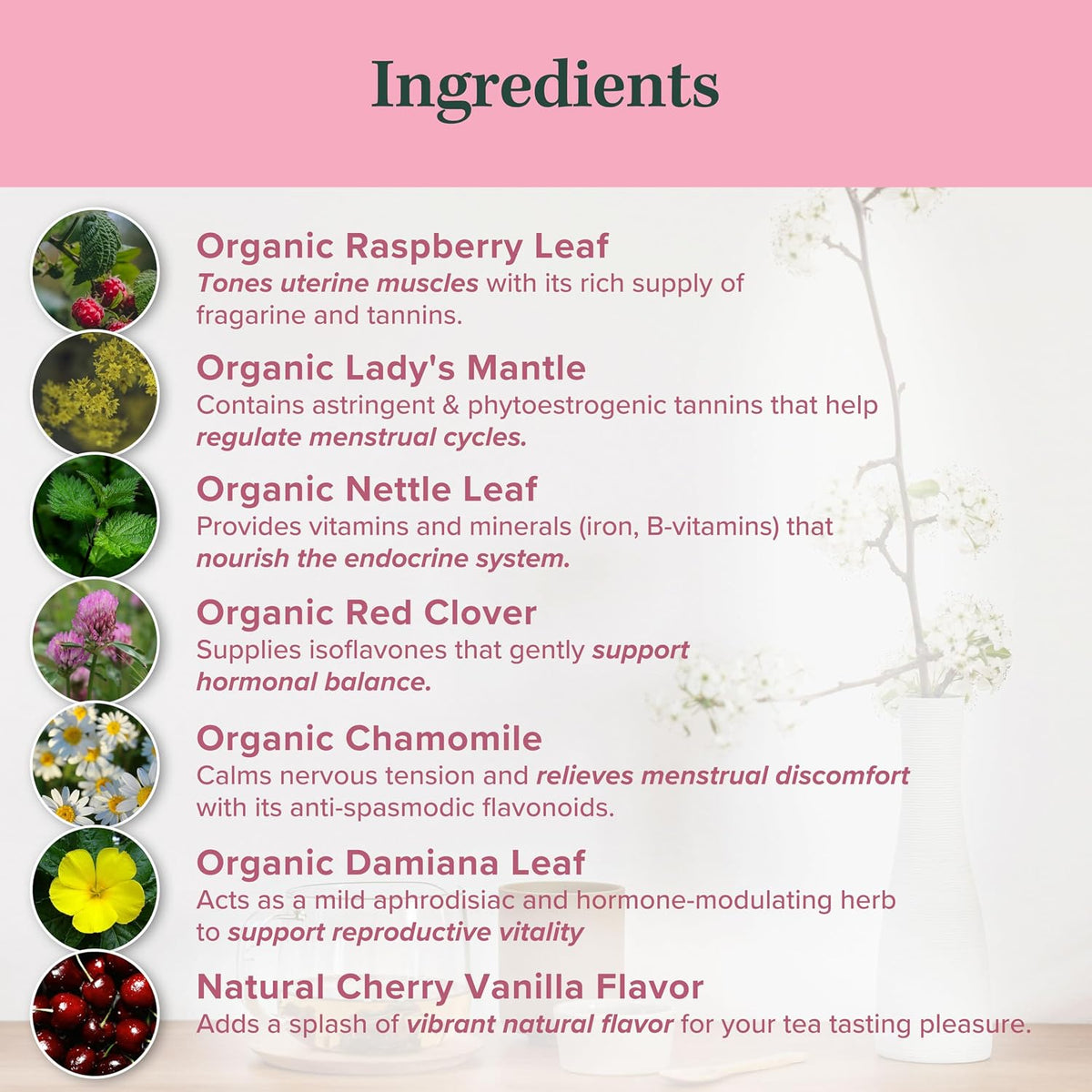 Jade Tea Organic Fertility Tea for Women, Cherry Vanilla – Red Raspberry Leaf, Lady's Mantle, Red Clover &amp; Chamomile for Cycle &amp; Hormone Balance, 25 Caffeine-Free Tea Bags, USDA Organic, Made in USA
