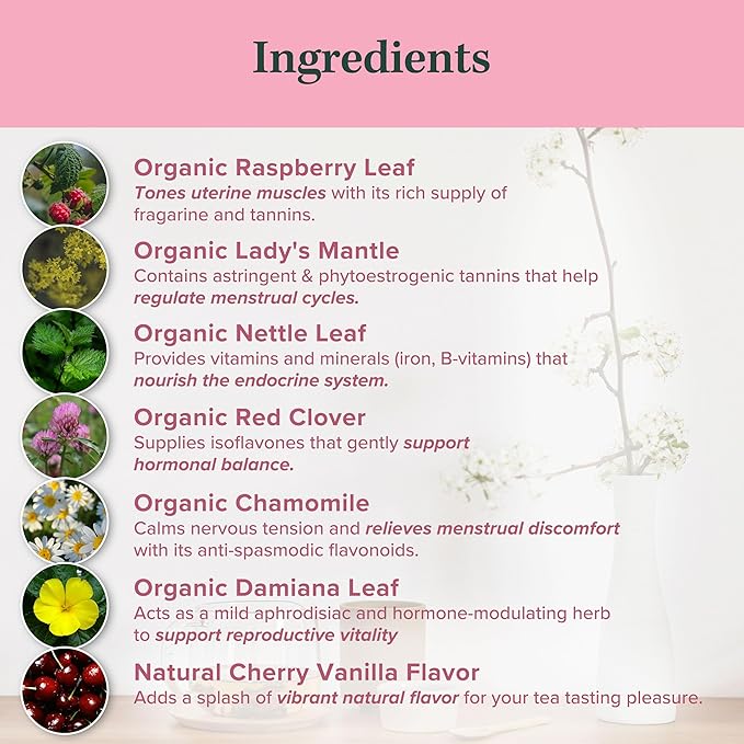 Jade Tea - Organic Women's Herbal Tea, 2 in 1 Tea & Tea - Red Raspberry Leaf, Lady's Mantle, Red Clover, Chamomile, & Damiana Leaf, Cherry Vanilla