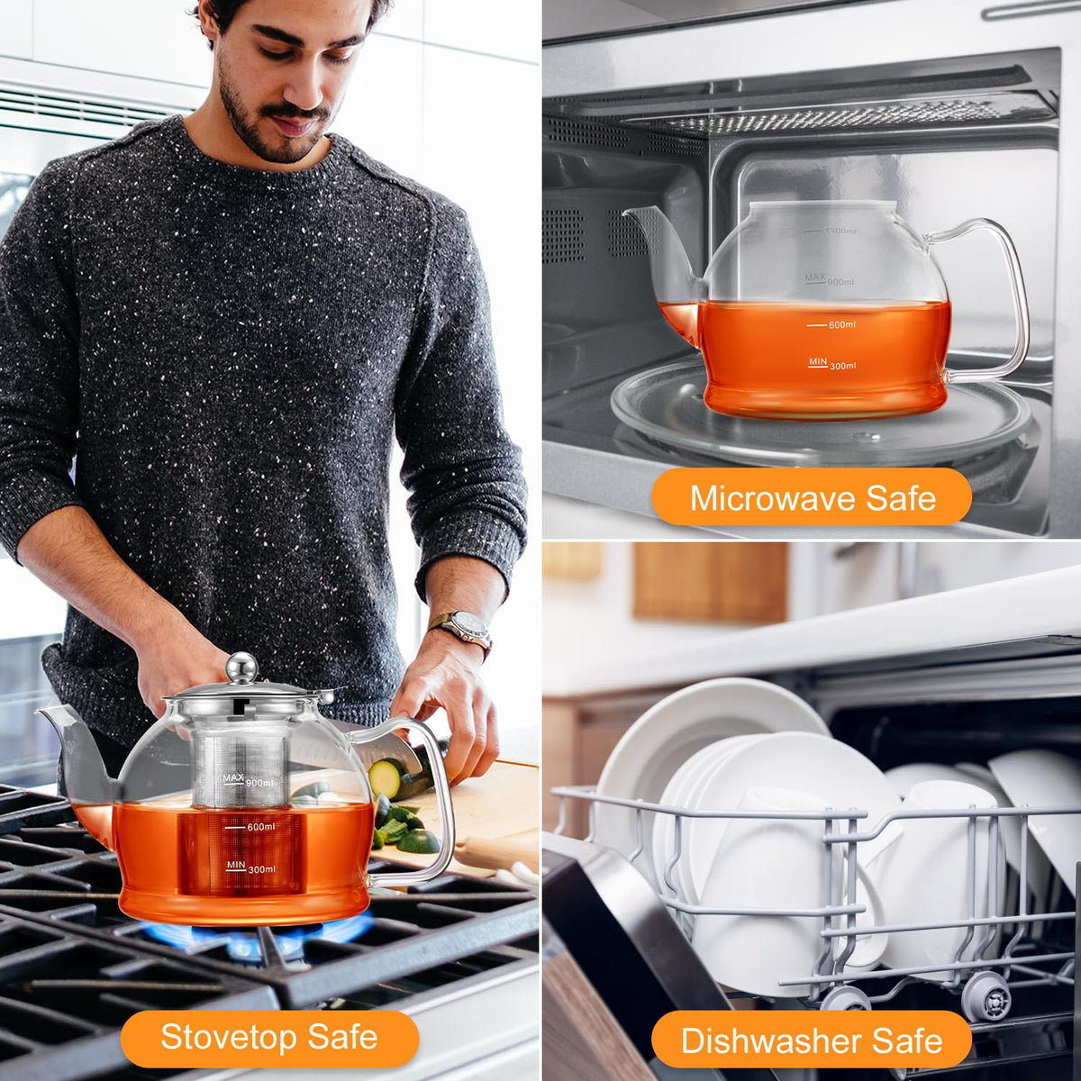 STNTUS INNOVATIONS STNTUS Glass Teapot, 40 oz. / 1200 ml for Loose Tea, With Infuser and Stainless Steel Strainer, Stovetop