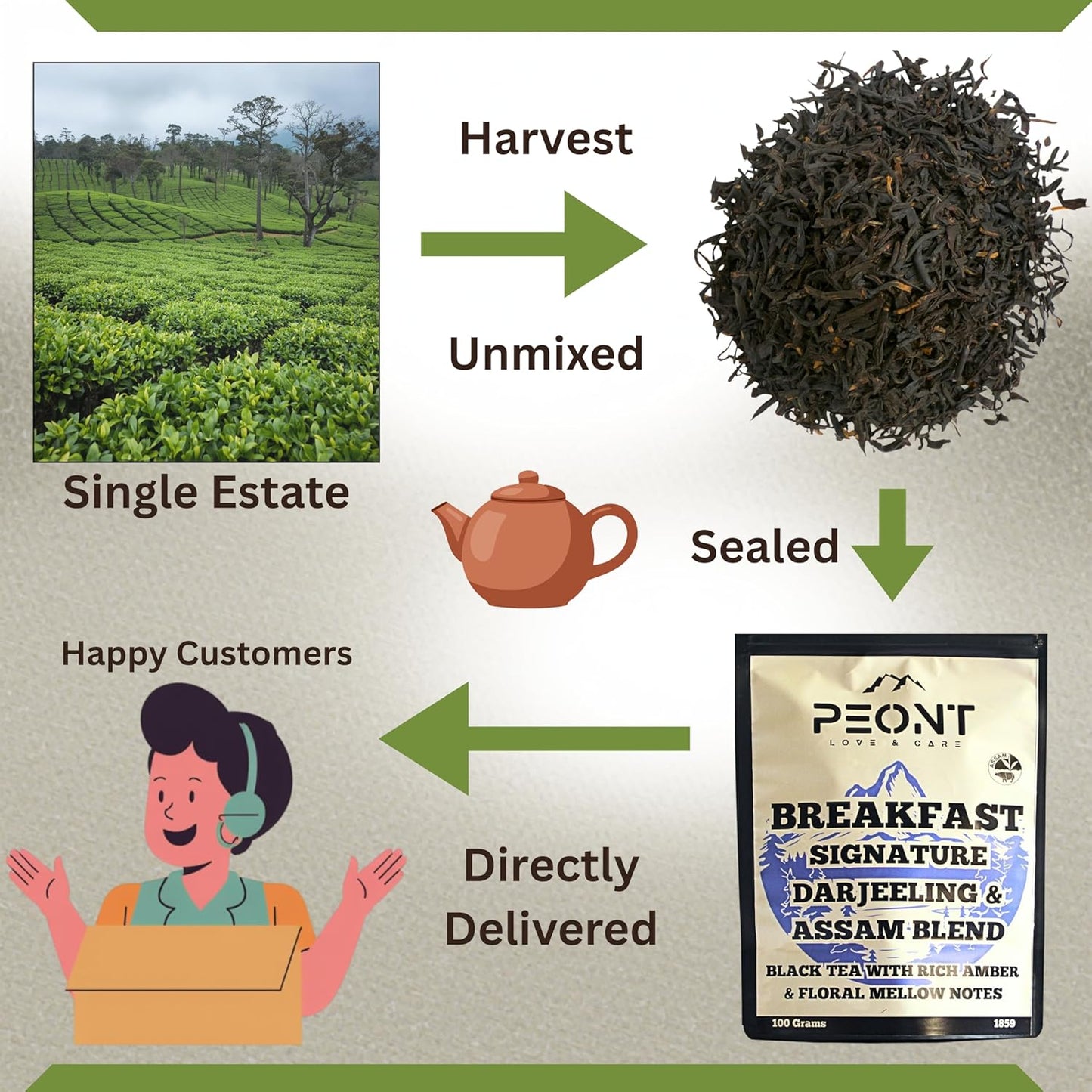 Peont Assam CTC Black Tea, Single Estate, High Caffeine, Robust Malty Flavor, 100g