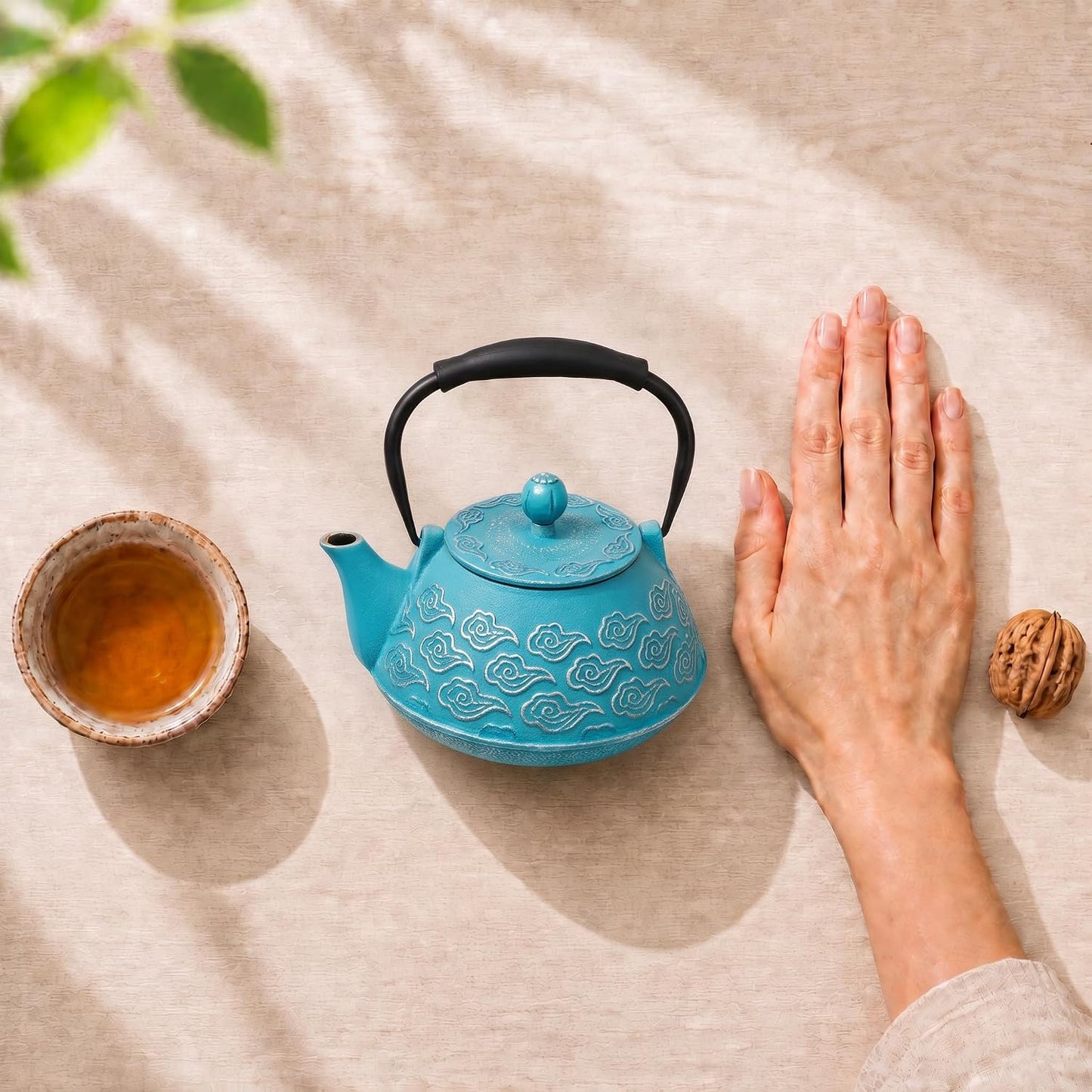 Cast Iron Teapot, Japanese Tea Pot with Infuser for Loose Leaf, Tea Kettle Stovetop Safe, Enamel Coated Interior, 27 oz (800 ml), Clouds Pattern Sky-Blue