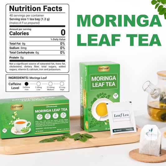 LeafLea Moringa Tea Bags, Pure Moringa Leaf Herbal Tea, 80 Count, 2 Boxes | Mild Earthy Moringa Oleifera Leaves, Foil-Wrapped Fresh, Caffeine-Free, Sugar-Free, Stock-Up Pack of 2
