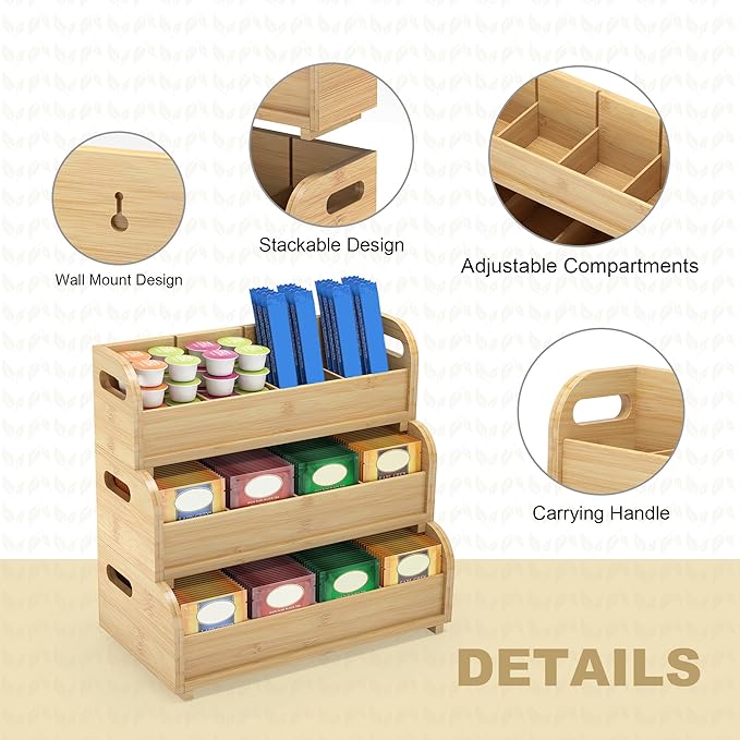 Wisuce Tea Holder for Tea Bags Organizer - Bamboo Tea Organizer for Tea Bags 3-Tier Stackable Wall Mount Large Capacity Tea Storage Box (Nature)