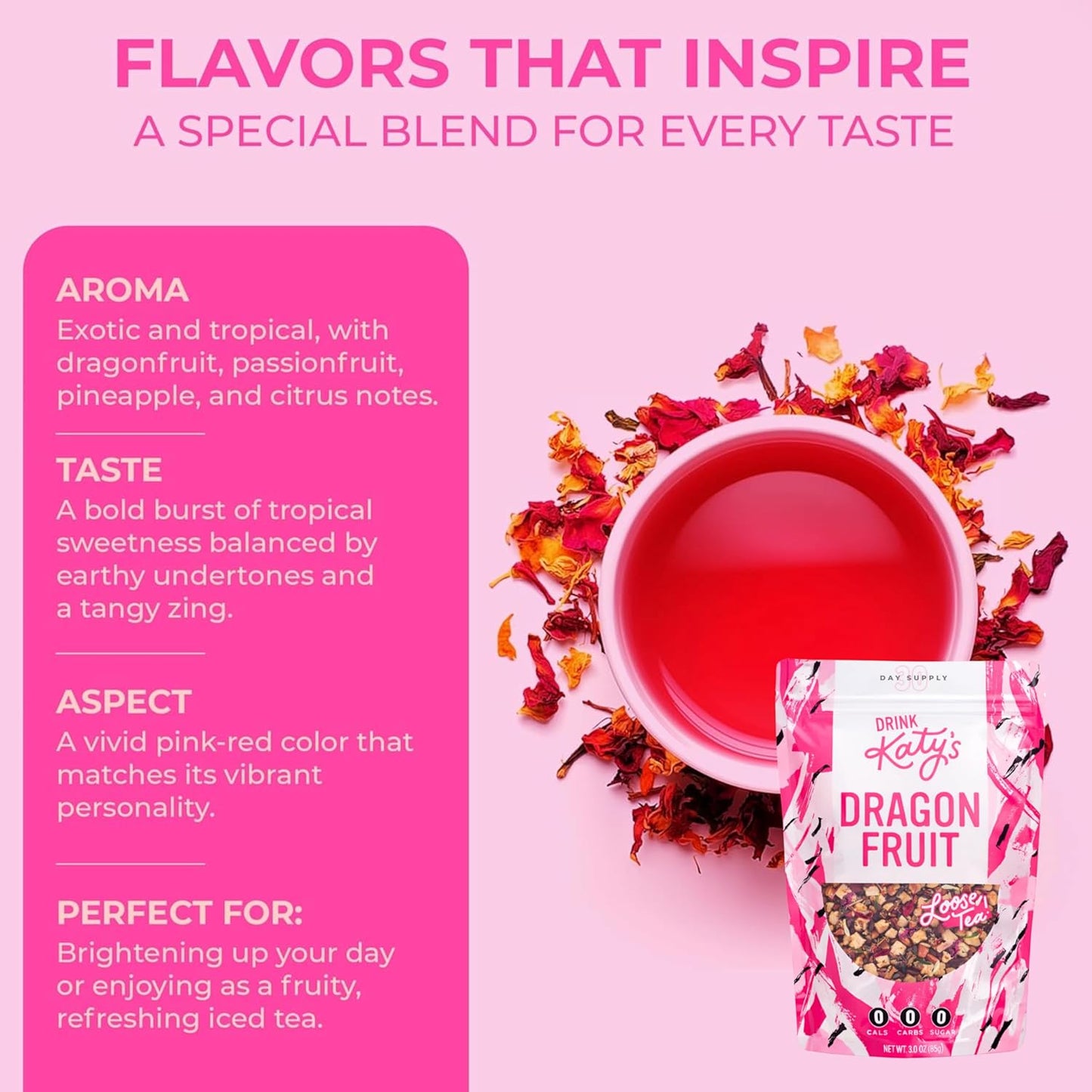 Katy’s Loose Leaf Tea Flavor Sampler - Fruit Herbal Tea Variety Pack - Berry, Peach, Blood Orange & Dragonfruit - Caffeine-Free, Full Leaf Tea - Cold Brew or Hot - 120+ Cups