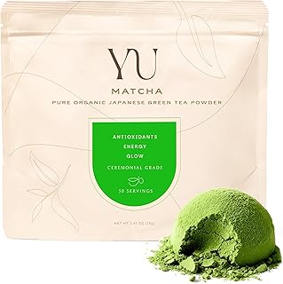 Yu Tea Organic Ceremonial Grade Matcha Powder, 50 Servings | Packed with Antioxidants, L-Thanine & Natural Caffeine | Unsweetened Grade A Japanese Matcha Powder | Resealable Pouch, 2.65 oz