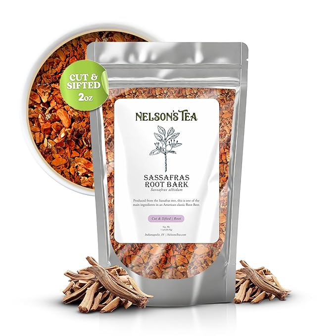 Nelson’s Tea - Sassafras Root Bark Cut & Sifted - Caffeine Free - Classic Root Beer Herbal Blend Tea, Premium Sassafras Albidum Aroma for Brewing, Mixing & Wellness, Freshly Packed Resealable Bag -2oz