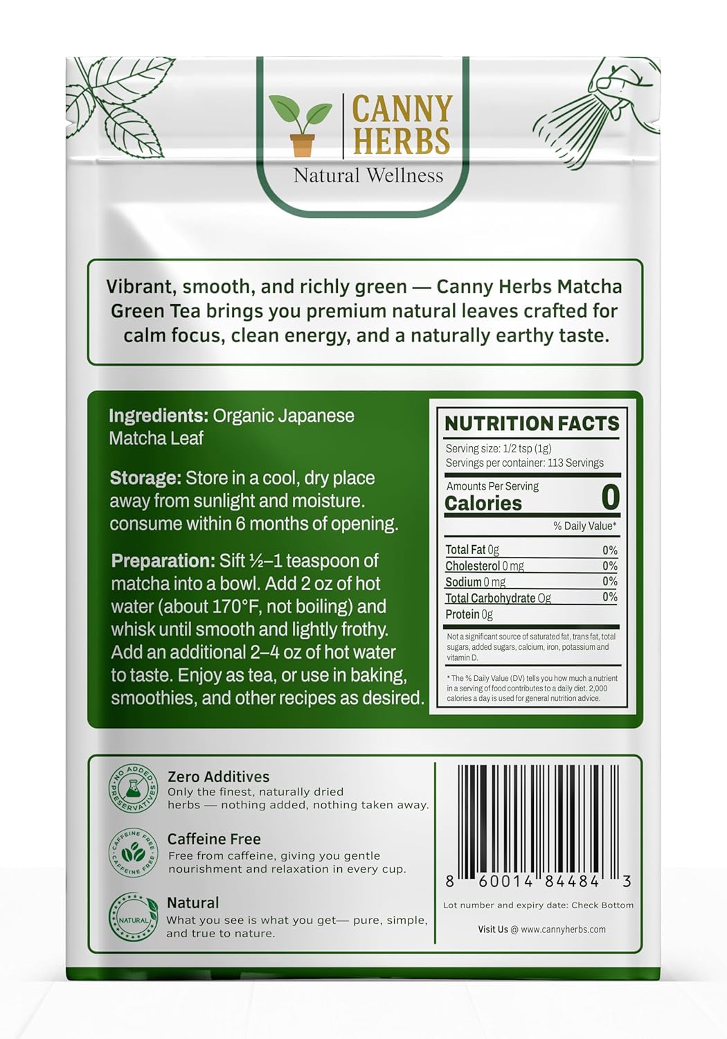 Canny Herbs Matcha Tea Powder 4oz, Japanese Ceremonial Grade, Green Tea Powder, Energy, Calm & Focus, Antioxidant Support