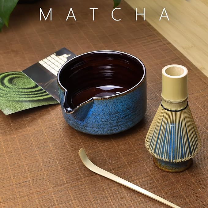 Artcome 4 Pcs Complete Matcha Tea Ceremony Kit for Japanese Tea Ceremony, Bowl with Pouring Spout, Whisk, Whisk Holder, Tea Scoop