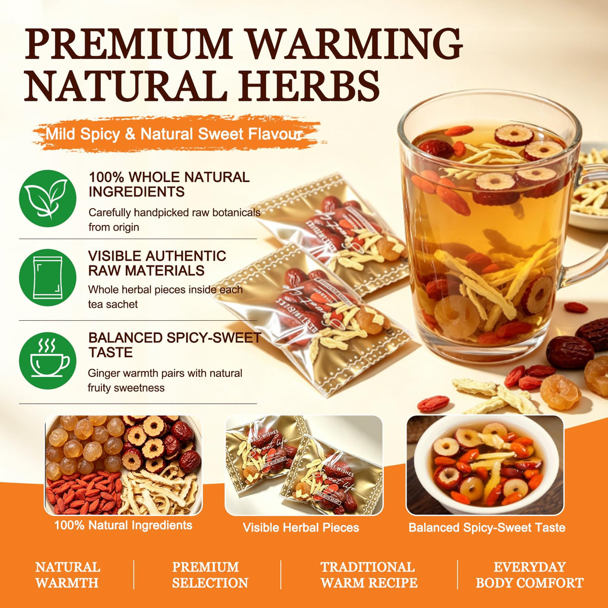 Harbique Organic Ginger Herbal Tea with Jujube(Red Date), Goji Berry & Longan – Caffeine Free Wellness Tea for Women, 25 Ct